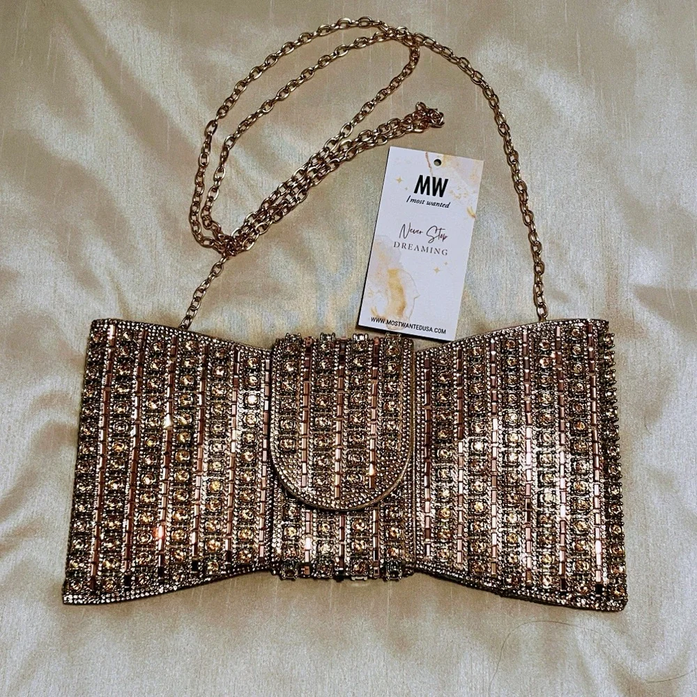 NEW Most Wanted Beaded Bow Clutch Purse in Gold